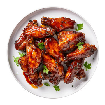 BBQ Chicken Wings on a White Plate on Transparent Background.