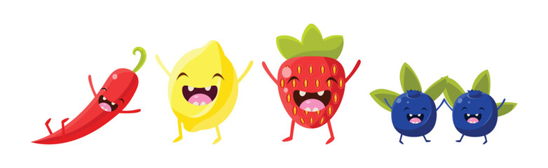 Funny Fruits and Vegetables with Happy Smiling Face Vector Set