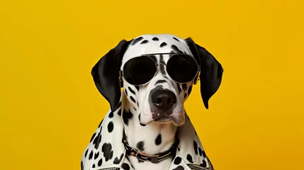 Poster A studio portrait of a funky dalmatian dog wearing a spotted leather jacket , aviator sunglasses on a seamless yellow background, copy space for text. © Romana