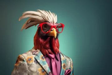 Deurstickers A studio portrait of a funky rooster wearing a colorful suit jacket , aviator sunglasses on a seamless blue background, copy space for text. © Romana