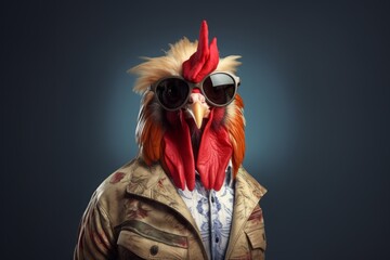 A studio portrait of a funky rooster wearing a colorful leather jacket , aviator sunglasses on a seamless grey background, copy space for text.