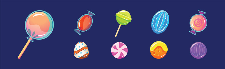 Colorful Glossy Sweets and Candy of Round Shape Vector Set