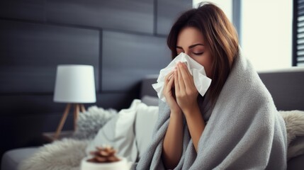 Unhealthy woman wrapped blanket blowing feeling flu sneeze runny nose allergy flu cough cold sneezing at home. - obrazy, fototapety, plakaty