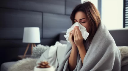 Fotobehang Unhealthy woman wrapped blanket blowing feeling flu sneeze runny nose allergy flu cough cold sneezing at home. © Oulaphone