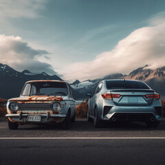 Old car vs. new car. Comparison