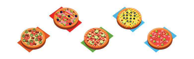 Italian Pizza Round Baked Pastry with Topping Vector Set