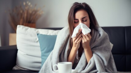 Unhealthy woman wrapped blanket blowing feeling flu sneeze runny nose allergy flu cough cold sneezing at home.