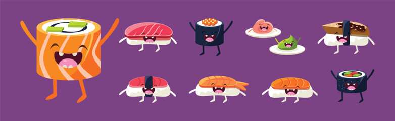 Cute Sushi and Rolls Kawaii Character with Smiling Face Vector Set