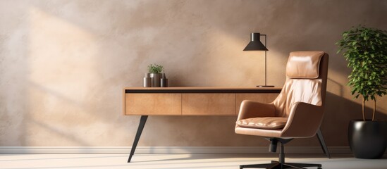 Minimalist modern home office design Leather armchair laptop on side table aesthetic sunlight shadows - obrazy, fototapety, plakaty