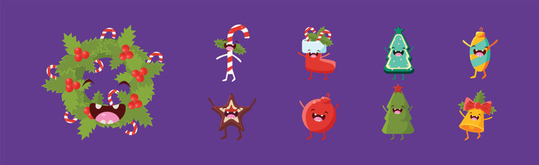 Christmas Festive Elements with Funny Smiling Face Vector Set