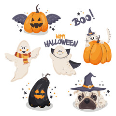 Happy Halloween. Vector cute illustrations of objects: pumpkin head, scared cat, funny ghost, cute dog in witch hat for t-shirt, scrapbooking, greeting card, party invitation, poster, tag, sticker. 