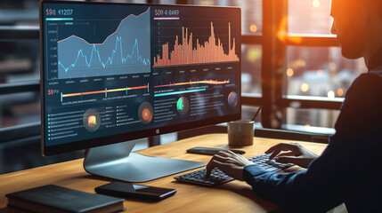  Analyst working on data analysis or BI dashboard on computer monitor. Businessman analyzing financial data by Fintech in corporate office for business marketing and strategy planning. Trailblazi - Powered by Adobe