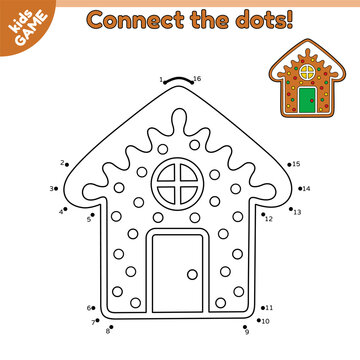 Christmas gingerbread house. Dot to dot game for children. Connect the dots by numbers and draw a cartoon New Year cookies. Educational puzzle for kids. Vector illustration of the holiday biscuit.