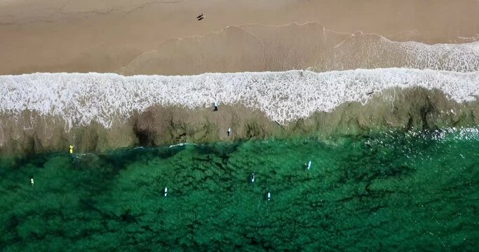 Aerial view of waves on Tarifa beach with surfers, arifa, Costa de la Luz, Andalusia, province of C&aacute;diz, Spain, Travel, Tourism