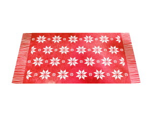 Traditional ethnic red and white homespun Belarusian carpet or bedspread with geometric floral ornament. A hand-drawn watercolor illustration isolated on a white background, not AI.