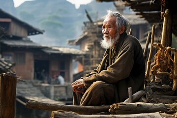 Traditional Chinese village old person. Walking street. Generate Ai
