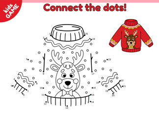 Christmas ugly sweater with deer. Dot to dot game for children. Connect the dots by numbers and draw a cartoon holiday New Year jumper. Educational puzzle for kids. Vector outline illustration.