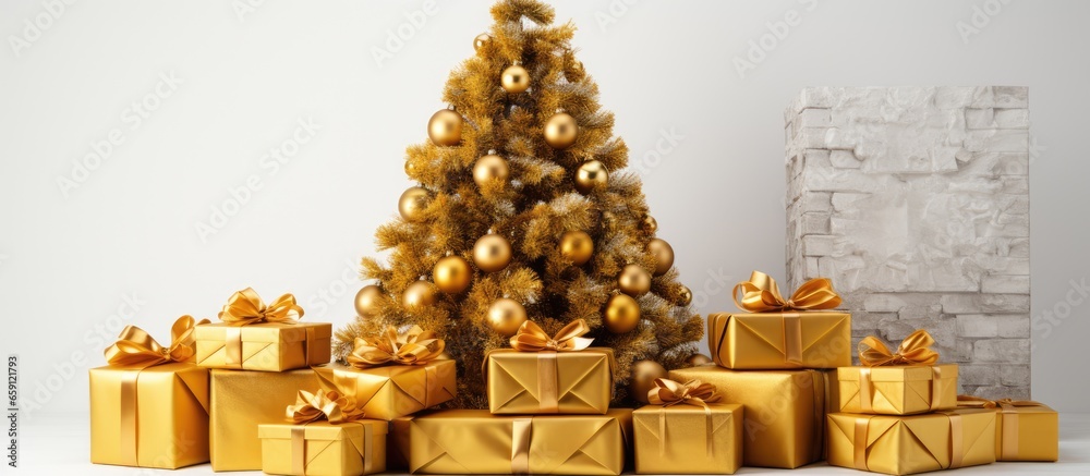 Canvas Prints Isolated white background with gold Christmas tree and presents for new year