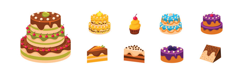 Baked Cake and Sweet Dessert with Decoration Vector Set
