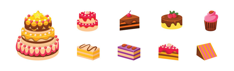 Baked Cake and Sweet Dessert with Decoration Vector Set