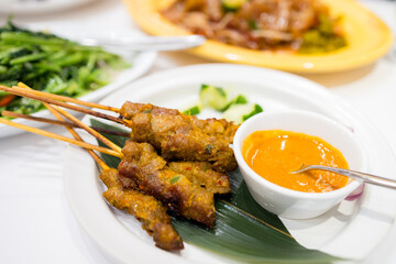 Chicken meat satay in restaurant
