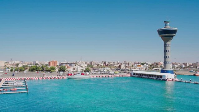 Yanbu, Saudi Arabia - Mar 16 2023, 4k, Aerial view panorama marina and port Lighthouse, Yanbu, Saudi Arabia