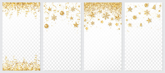 Collection of holiday decoration backgrounds. Golden glitter frames, borders isolated on white. Confetti with ribbons, Christmas ornaments with snowflakes.Great for social media posts, stories, events