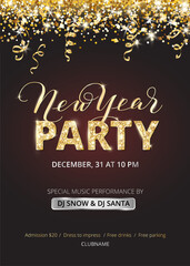 New year party banner. Sparkling golden glitter Party word. New year gold calligraphy. Falling gold confetti with ribbons on black background. For Christmas season flyers, posters, party invitations.