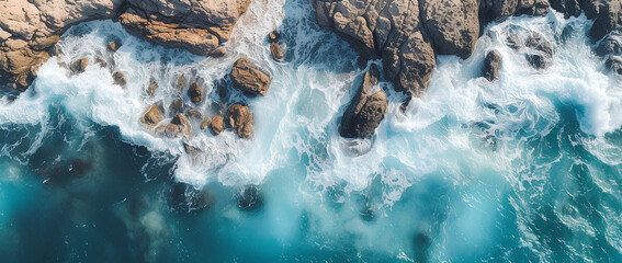 Aerial view of sea and rocks, ocean blue waves crashing  - obrazy, fototapety, plakaty