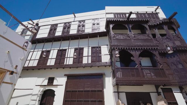 4k, panoramic view of an ancient house in the center of the old town, Yanbu, Saudi Arabia