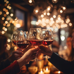 Selective focus at wine glass in hands, cheer and toast, blur and defocus background of interior bar vibe with golden bokeh.  