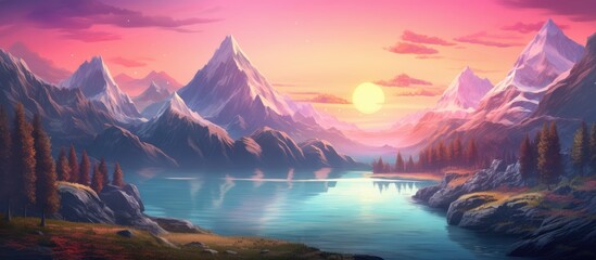 Fototapeta na wymiar Poster featuring a stunning artwork of a retro styled imaginative and futuristic landscape with a beautiful sunrise over mountains