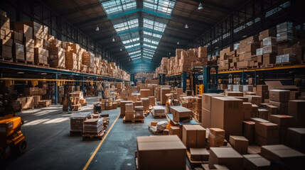 Busy warehouse, Boxes on pallet in warehouse, Warehouse furniture factory.