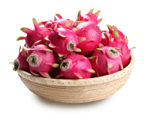 whole dragon fruit in wicker bowl, isolated