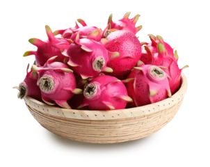 Gartenposter whole dragon fruit in wicker bowl, isolated © aninna