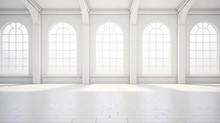An empty, white room, with a few large windows at the top