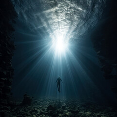 Diving underwater diving diver emerges in the water column, swims up wide - obrazy, fototapety, plakaty