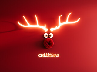 Christmas reindeer with red nose and glowing antlers. Merry Christmas banner with text on red paper background. 3D Rendering, 3D Illustration
