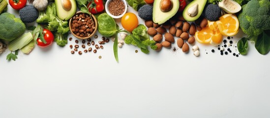 Long banner format featuring a variety of superfoods on a white background including organic and healthy vegan options like legumes nuts seeds greens oil and vegetables - obrazy, fototapety, plakaty
