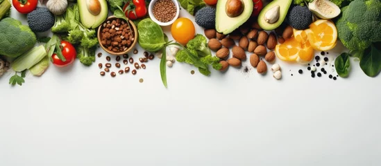 Rolgordijnen Long banner format featuring a variety of superfoods on a white background including organic and healthy vegan options like legumes nuts seeds greens oil and vegetables © AkuAku