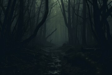 Forest creepy dark. Mist moon fog. Generate Ai