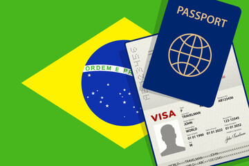 Visa to Brazil and Passport. Brazilian Flag Background. Vector illustration