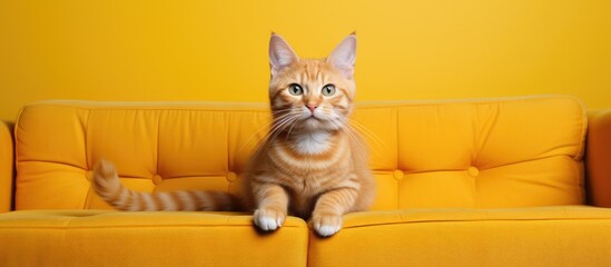 Ginger cat with stripes yellow eyes and white paws on a sofa