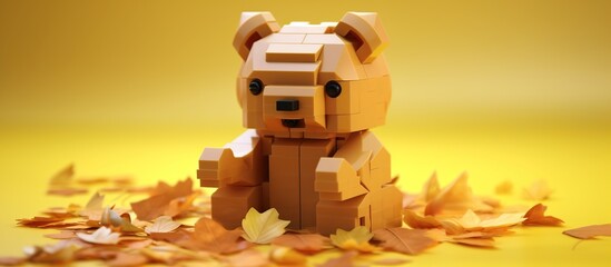 cute cartoon bear lego leaves background - obrazy, fototapety, plakaty