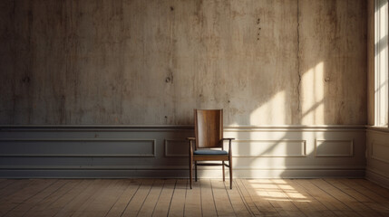 An empty room with a single chair and a window in the corner