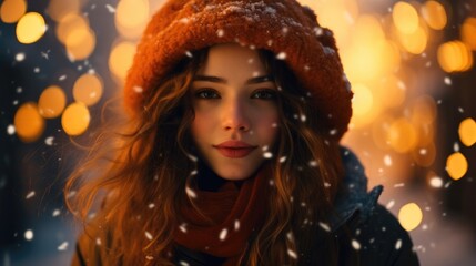 Closeup portrait of girl with orange fireworks on background in winter.
