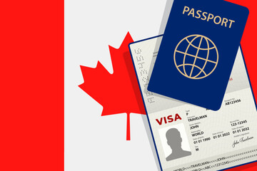 Visa to Canada and Passport. Canadian Flag Background. Vector illustration