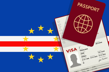 Visa to Cape Verde and Passport. Capoverdian Flag Background. Vector illustration
