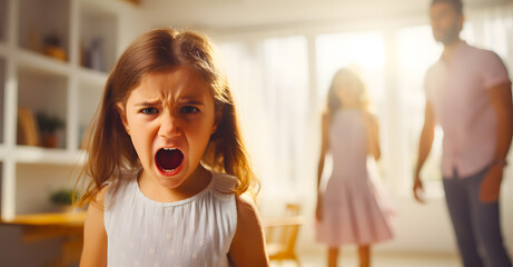 Parental Quarrel. Arab Man And Woman Arguing In Front Of Their Child, Upset Little Girl Stressed Female Kid Sitting Between Shouting Parents