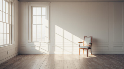 An empty room with a single chair and a window in the corner